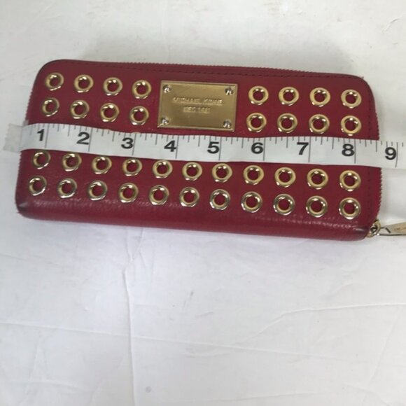 Michael Kors Leather Gold Rivets Ring Red Zippy Wallet Clutch Organizer Bag Logo - Picture 10 of 16